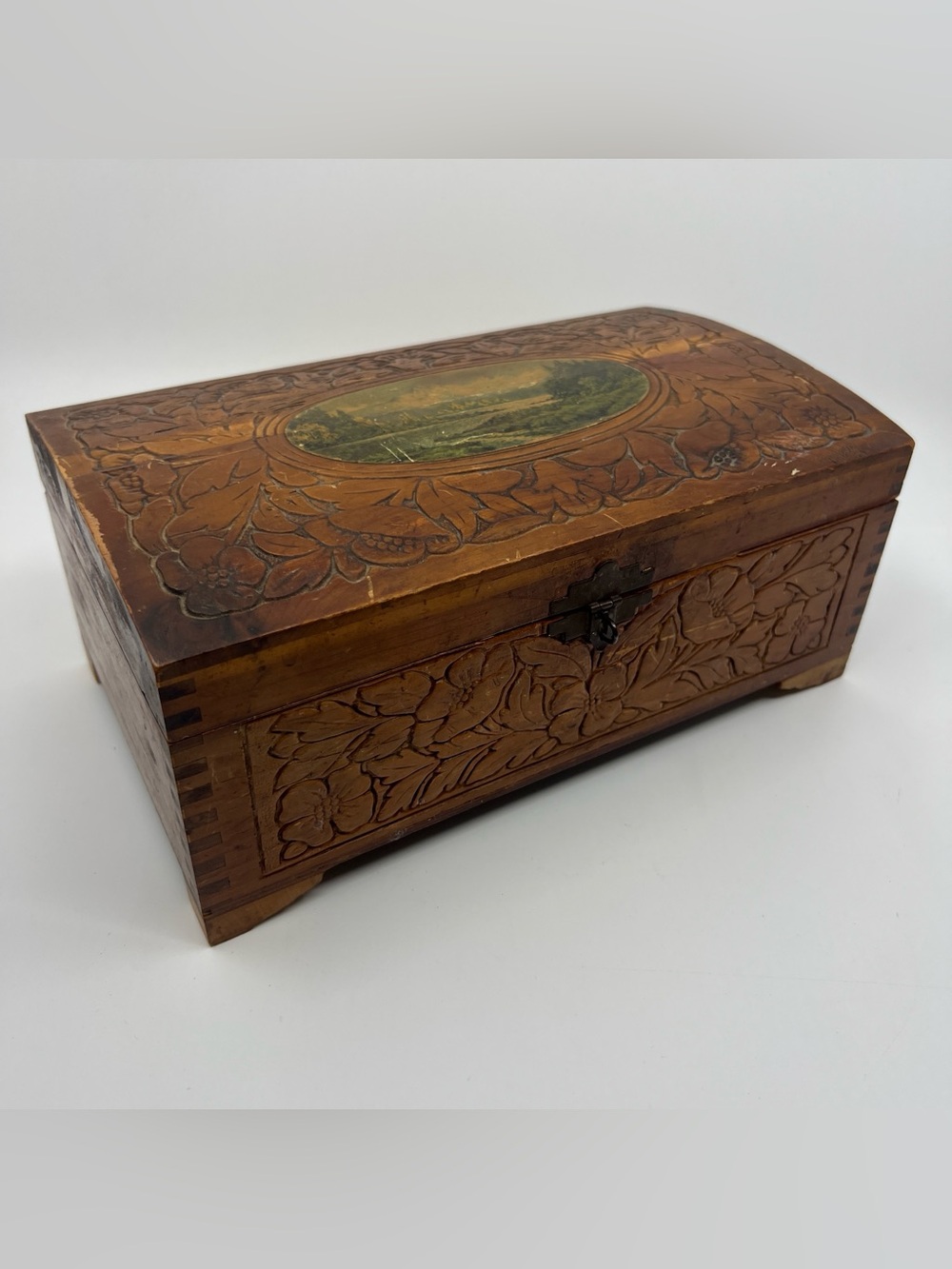 Vintage wooden carved jewelry keepsake box with mirror